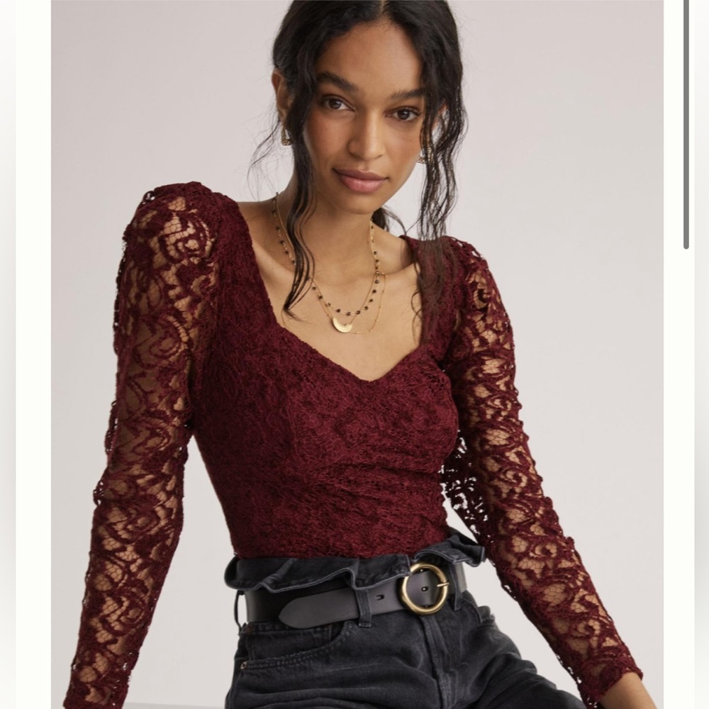 Anthropologie Sweetheart Lace Top Wine Long Sleeve
